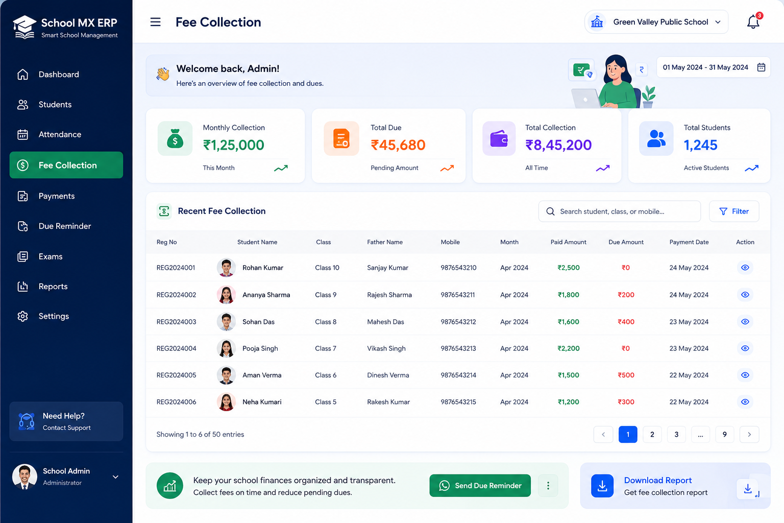 School MX ERP Fee Collection Dashboard